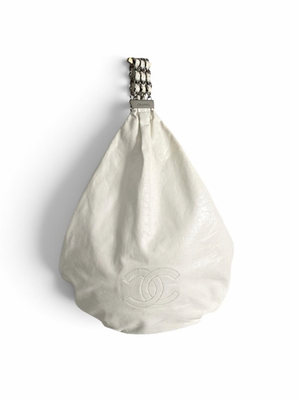 Chanel Rock and Chain Hobo Bag White Leather Large 2007 Silver Chain CC Logo COA